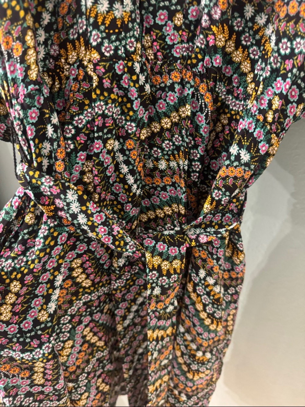 LOFT Floral Wave Print Belted Dress in Black, Pink, Yellow - Picture 3 of 6